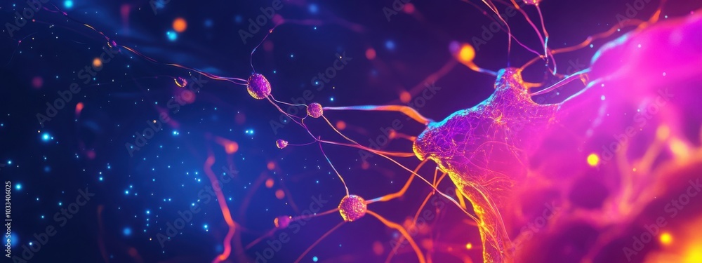 Poster a highly detailed abstract representation of a neural network, with colorful neurons and synapses co