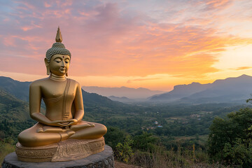 Obraz premium Majestic Golden Buddha Overlooking Valley at Sunset 