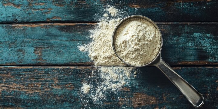 measuring metal scoops of whey protein powder on rustic grunge wood