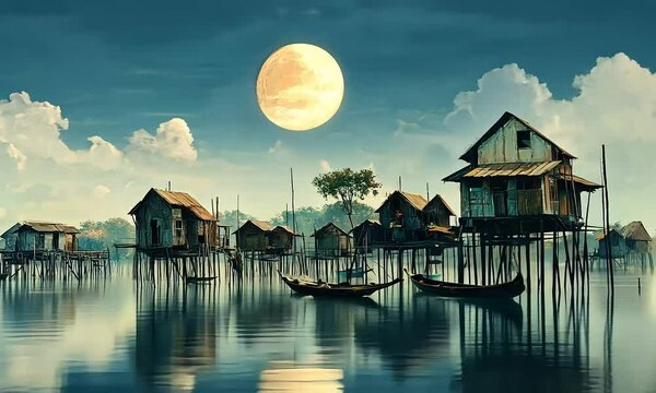 Moonlit stilt houses on water with boats illustration with ai generated.
