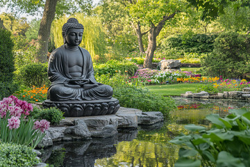 Serene Buddha Statue in Blooming Garden with Reflective Pond  