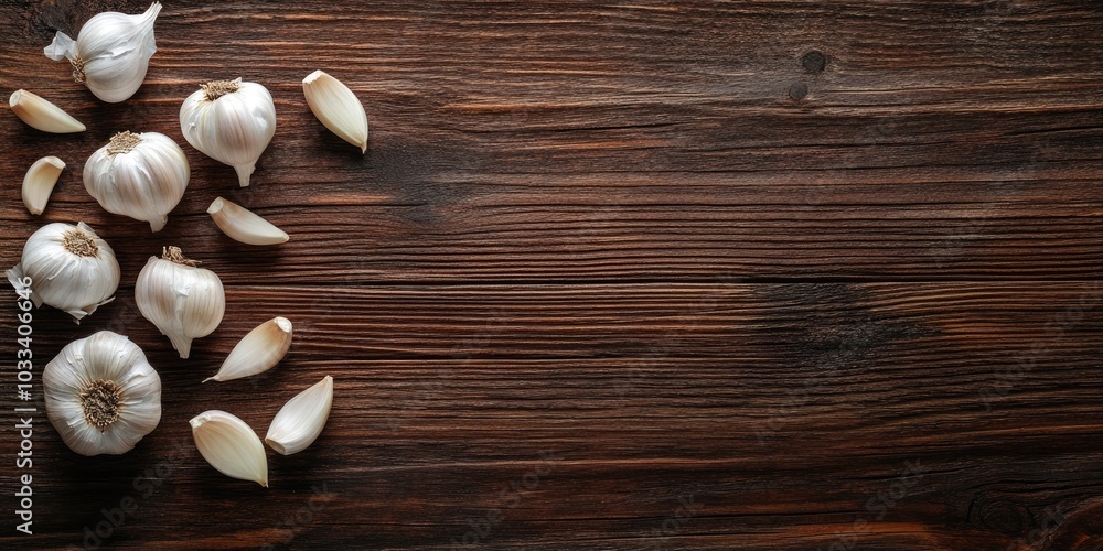 Aufkleber garlic cloves on a wooden surface provide copy space for text.