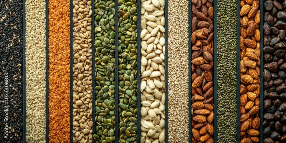 Poster keto diet. rows of vegetable seeds and nuts. clear space from a top view.