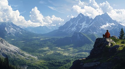 Hiker sitting on rock ledge taking in panoramic view