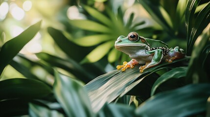 A green frog sits on a leaf in a lush jungle setting.