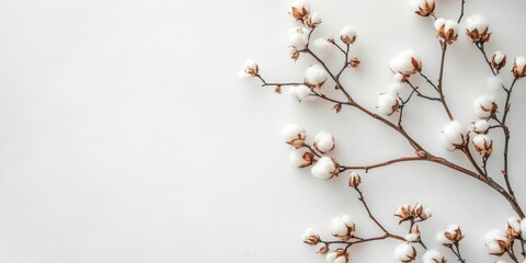 Lovely cotton branch with soft flowers on a light backdrop, area for text.