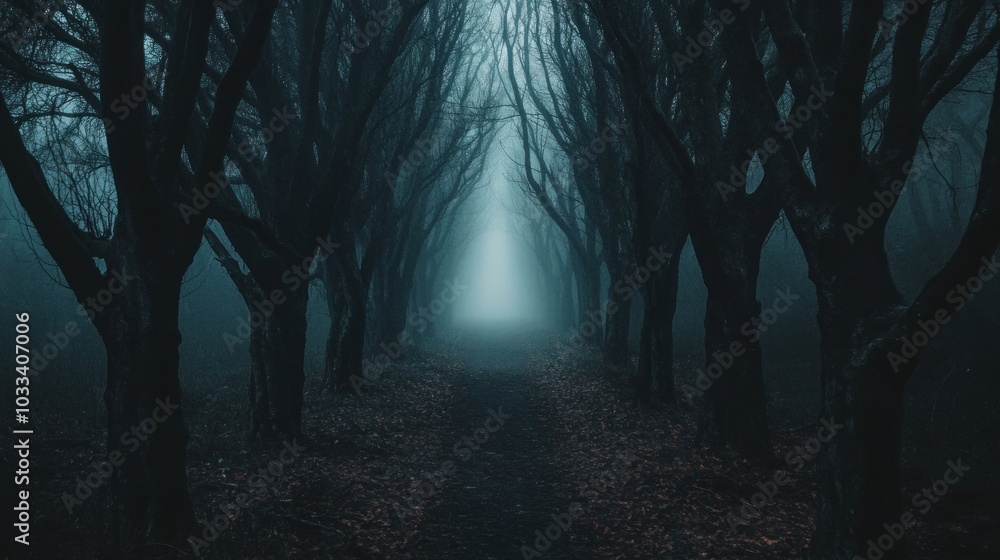 Poster a path through a misty forest with a bright light at the end.