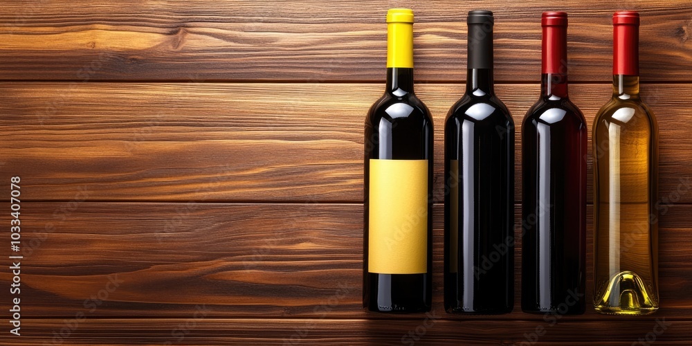 Poster Different wine bottles on a wooden table. Red and white wines. Top view flat lay with copyspace for your text.