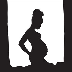 Silhouette of a pregnant Black woman with an elegant posture against a stark backlit background.