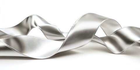 Curled silver silk ribbon set against a white backdrop. Silver ribbon roll placed on a white background.