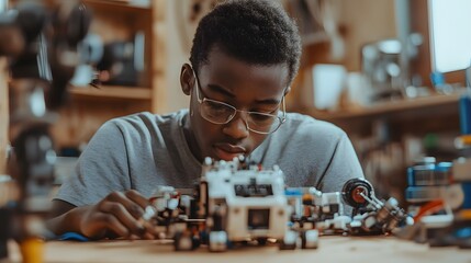A Young Man Concentrated on Building a Toy Robot