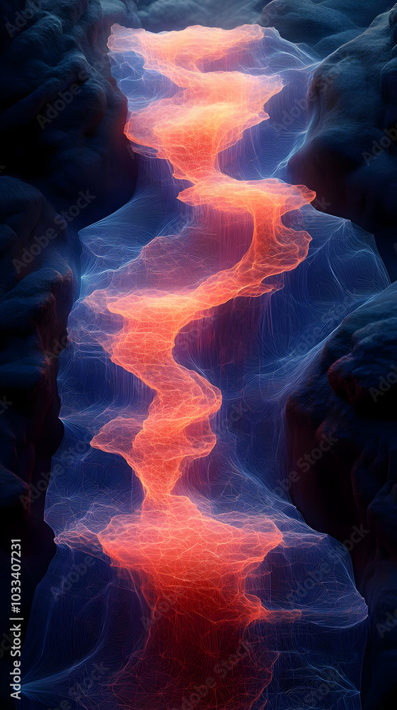 Poster abstract background with glowing lines flowing through a dark canyon