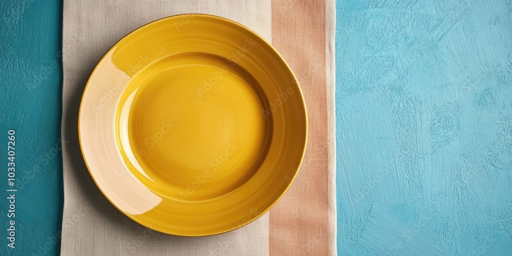 Aufkleber top view of an empty round yellow plate on a colored background tablecloth, ideal for food. the empt