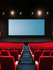Modern Theater Interior with Red Seats and Blank Screen