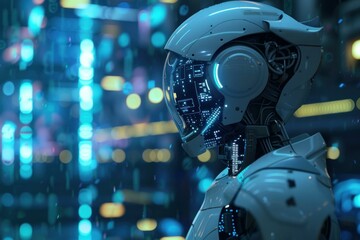 Fototapeta premium White and blue robot is looking at futuristic city data, processing and analyzing