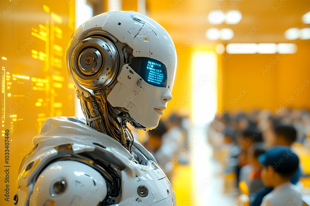 Poster a futuristic android standing in a busy hallway with digital display screen