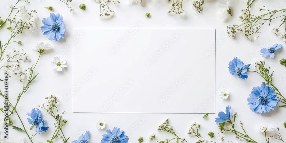 Poster natural white and blue flowers surround a rectangular white sheet of paper. this serves as a templat