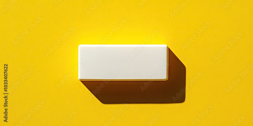 Poster a single rectangular rubber eraser for pencil and pen ink is centered on a yellow background, featur