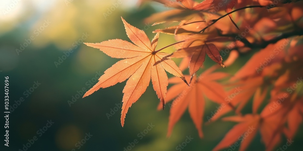 Poster vibrant autumn maple leaves with shallow depth of field under sunlight