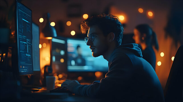 Focused Male Programmer Working on Code on Computer in Home Office at Night