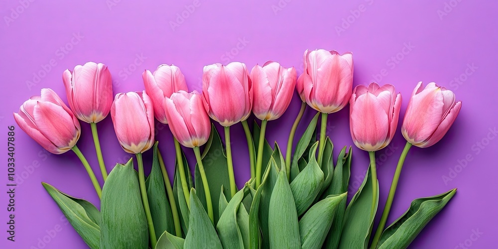 Poster bouquet of pink tulips on a purple background with copyspace. top view. flat lay. vertical image.