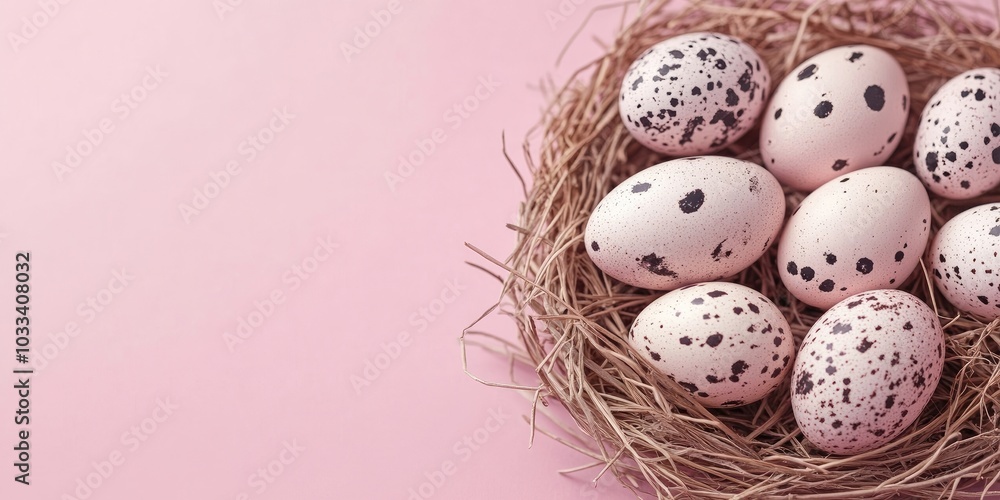 Poster easter nest featuring delicate speckled or spotted quail eggs set against a pink background, with co