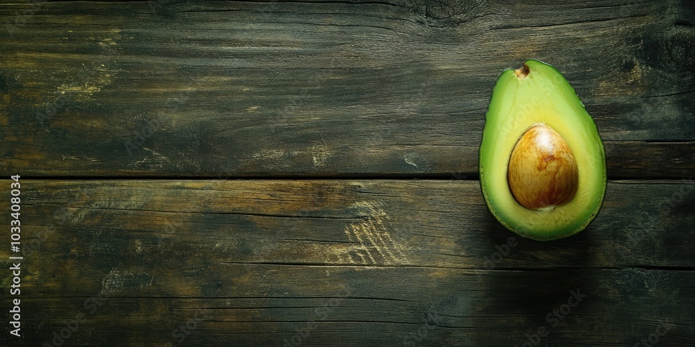 Poster avocado on a dark wood surface. close-up of half an avocado. top view. copy space.