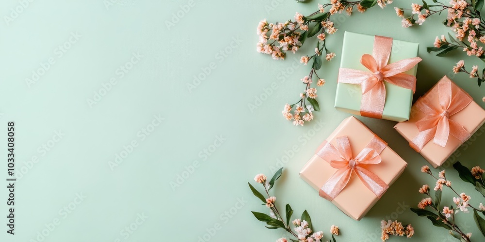 Poster gift boxes tied with ribbon on a green pastel backdrop with copy space. minimal concept of a spring 