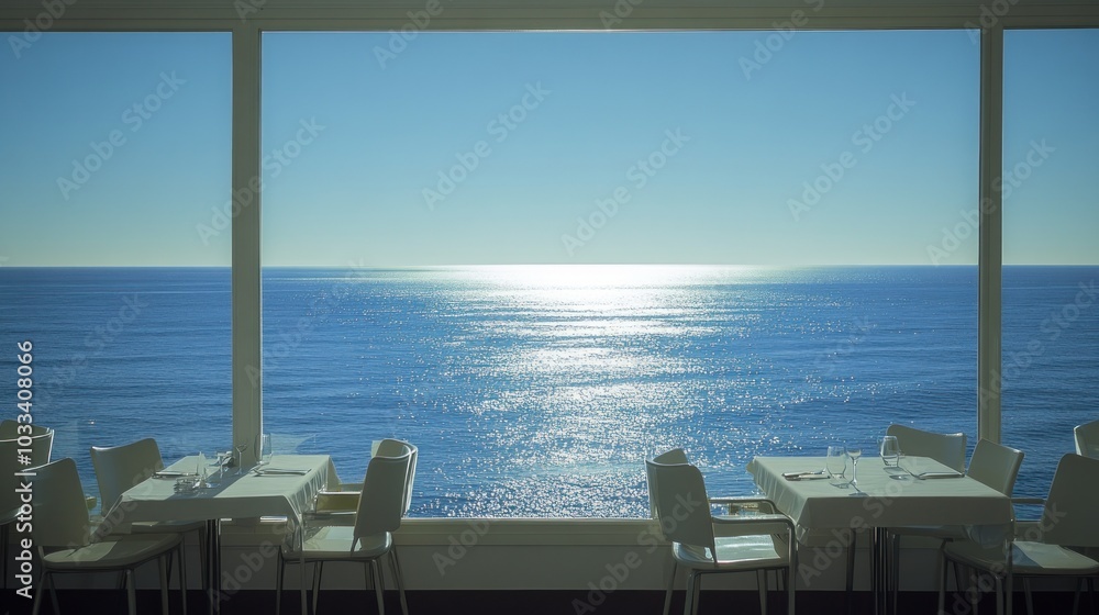Poster empty tables in a restaurant with an ocean view.
