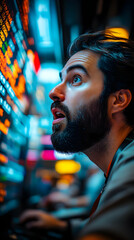 Obraz premium Astonished Man Examines a Bright Electronic Stock Ticker Display in a Bustling Financial Environment