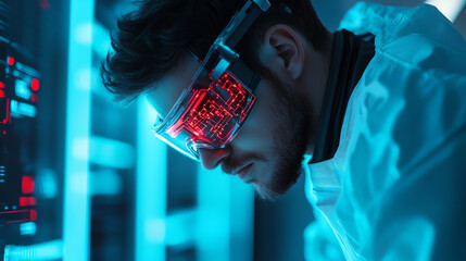 A focused scientist wearing advanced augmented reality glasses, surrounded by futuristic technology, depicting innovation and research in a high-tech lab.