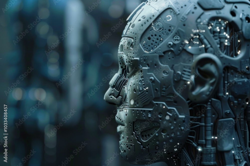 Poster advanced ai robot looking into the distance, showing human like features and expressions