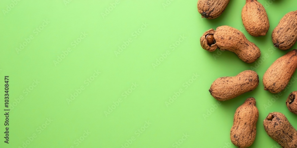 Poster tamarind fruit with seed isolated on a green background, featuring copy space for your text. top vie