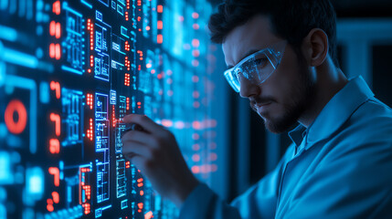 A focused technician wearing protective glasses interacts with a high-tech data interface, surrounded by glowing screens and futuristic displays.