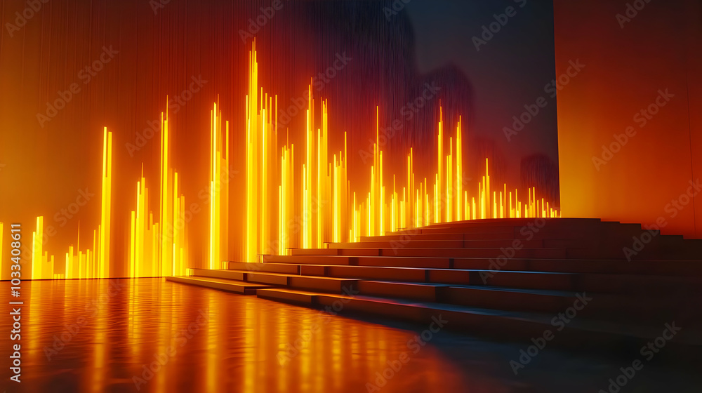Poster abstract architecture with glowing lines and stairs leading up in a dark room