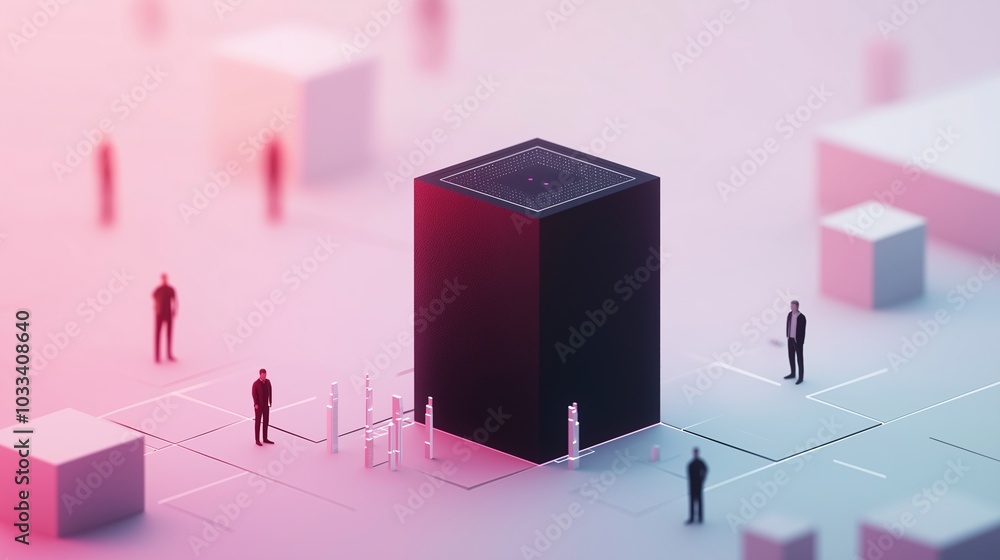 Poster the enigma of connection: a minimalist, abstract illustration of a network. tiny figures stand aroun