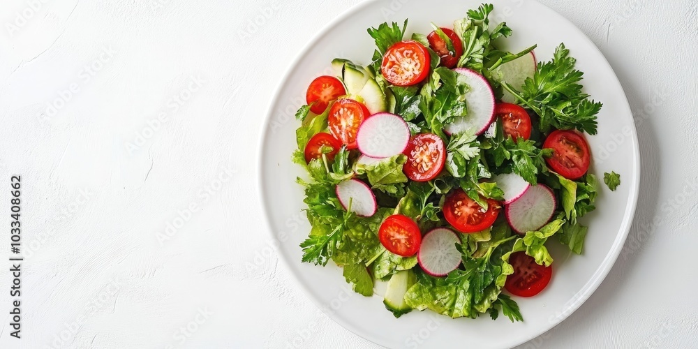 Poster fresh radish salad with parsley on a white background. top view, copyspace. spring and summer vegeta
