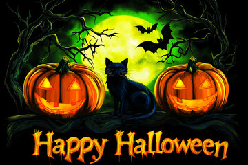 Scary Jack o lanterns, black cat and bats on dark background. Halloween poster