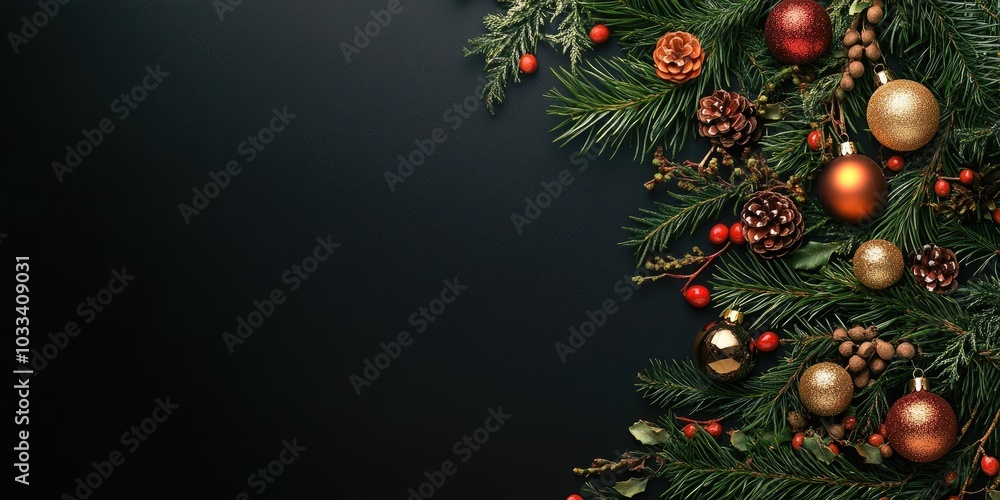 Aufkleber a decorative branch of a christmas tree adorned with new year's ornaments and a garland against a bl