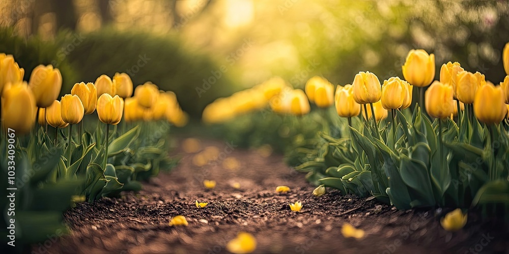 Poster a row of yellow tulip flowers stretches into the distance, set against a spring bloom backdrop.