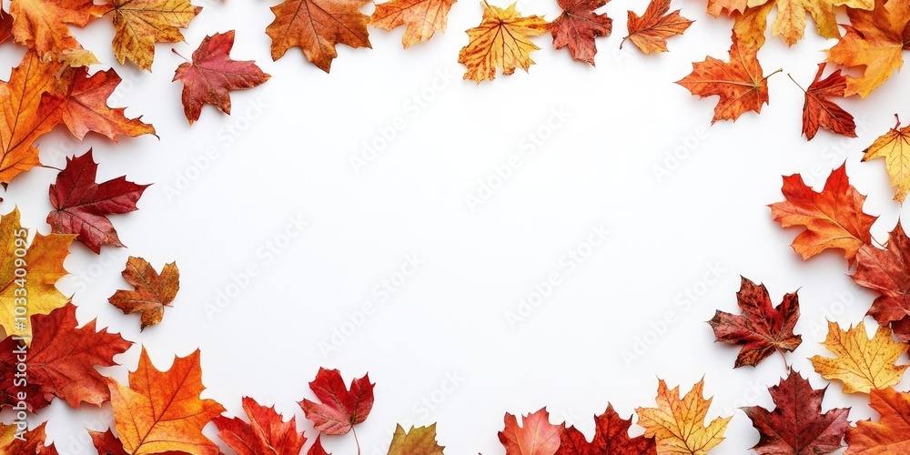 Poster Autumn theme. Leaves set against a white background creating a frame. Flat lay with copy space.