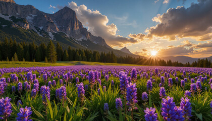Fototapeta premium Field of purple flowers at mountain base during sunrise