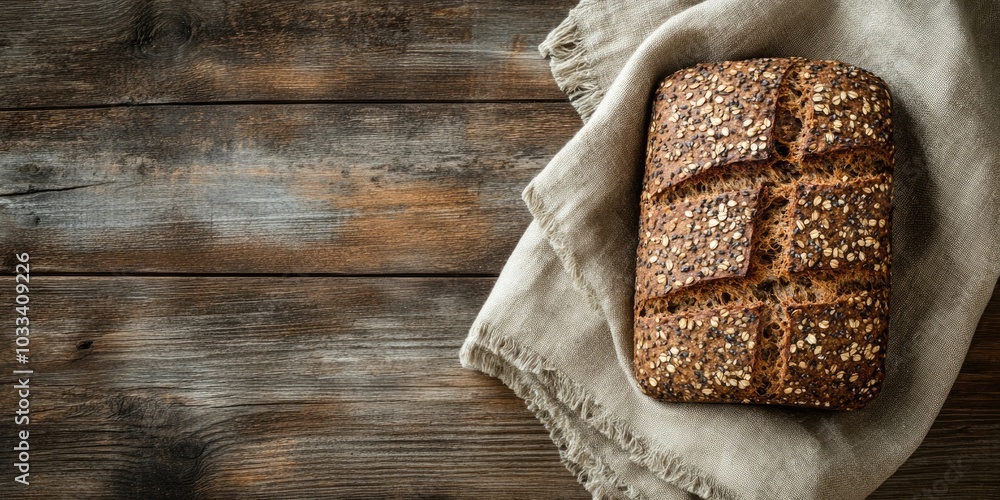 Poster A loaf of black bread with seeds on a textile towel placed on a rustic wooden surface. Vertical arrangement with copy space.
