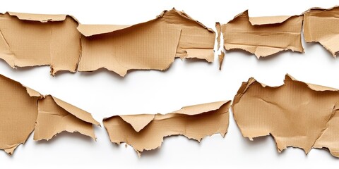Fototapeta premium Torn edges of corrugated cardboard on a white background, abstract template backdrop.