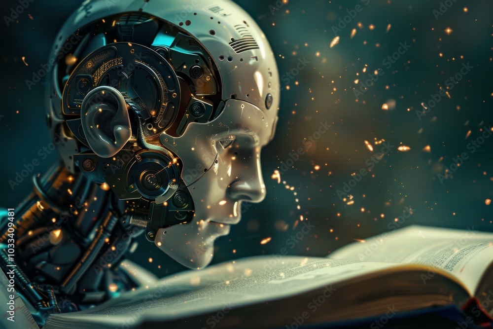 Poster white and chrome android robot is reading from an open book, glowing with golden sparks, symbolizing