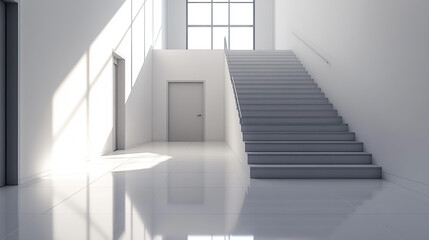 Fototapeta premium A clean, white, modern interior of an office building with a staircase, door, and window
