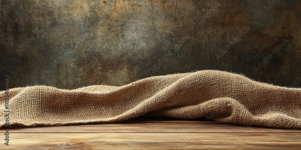 Poster burlap texture against a wooden table backdrop
