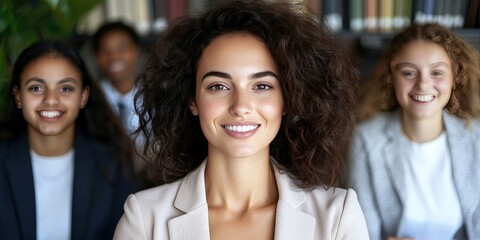 Obraz premium Smiling Young Woman Student Portrait in University Library
