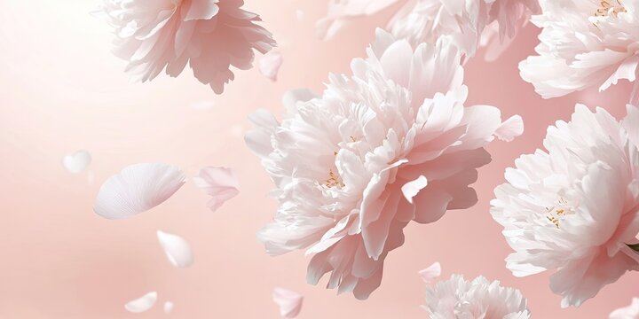 Beautiful white peony flowers and petals in flight against a light pink pastel background with copy space. A creative floral layout for spring. Spring blossom backdrop.