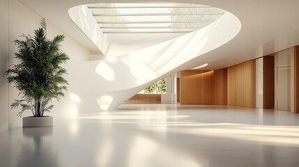 Fototapeta premium The modern interior of the lobby in an office building features curved white walls and light wood accents